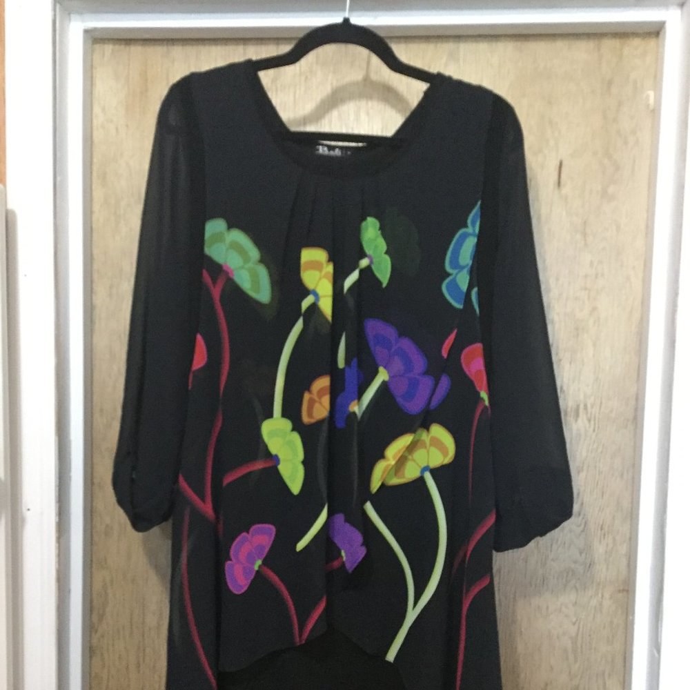 Bali size 14 black with floral front dress with sheer arms